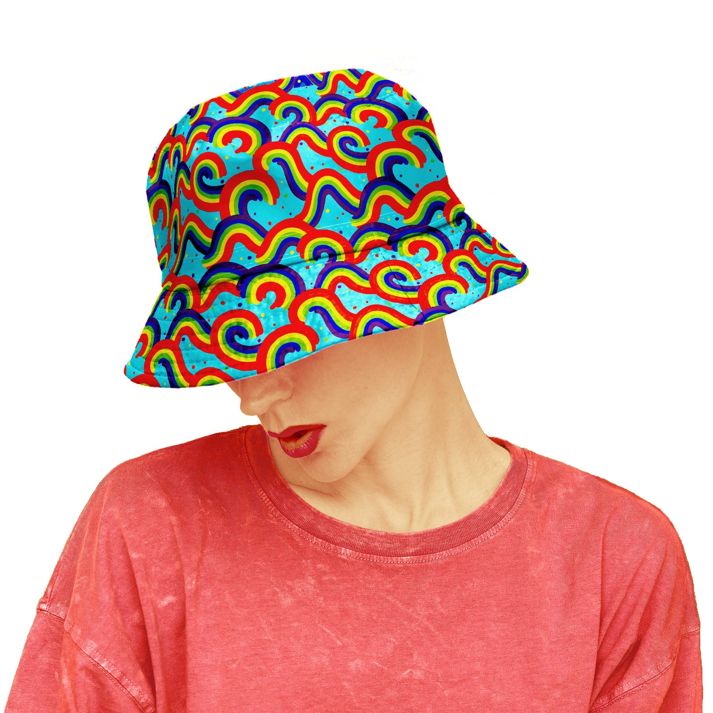 Wide Brim Summer Bucket Hat - Rainbow Wave